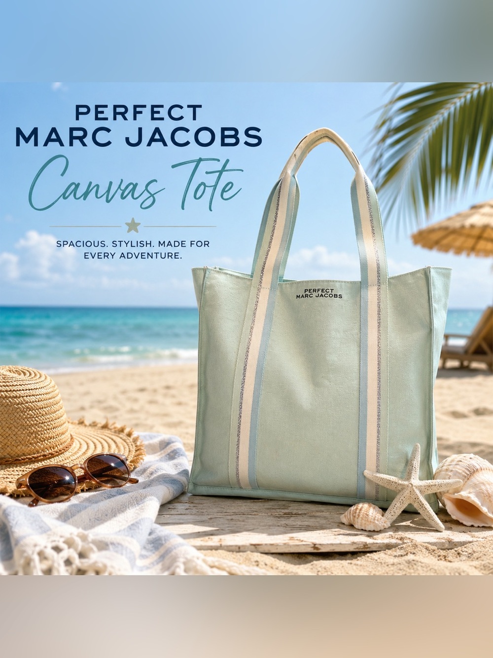 Perfect Marc Jacobs Mint Canvas Tote Striped Handles Large Carryall Beach Bag